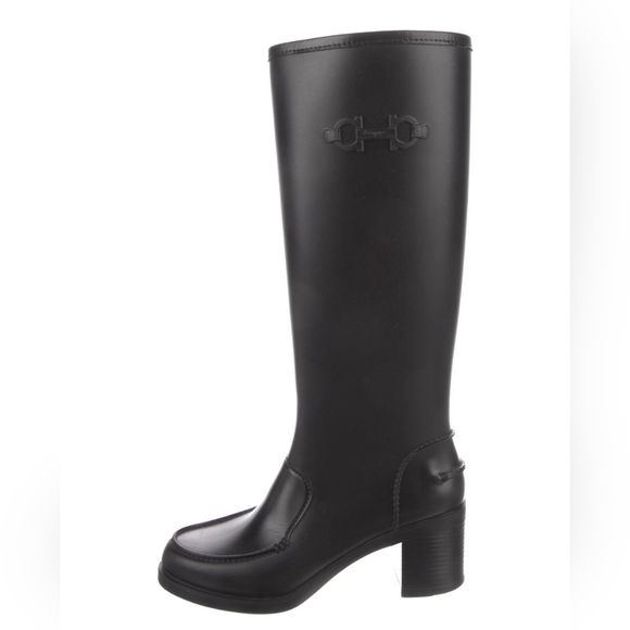 Salvatore Ferragamo Rubber Knee-High Rain Boots Black sz 5 Women's - Picture 1 of 10